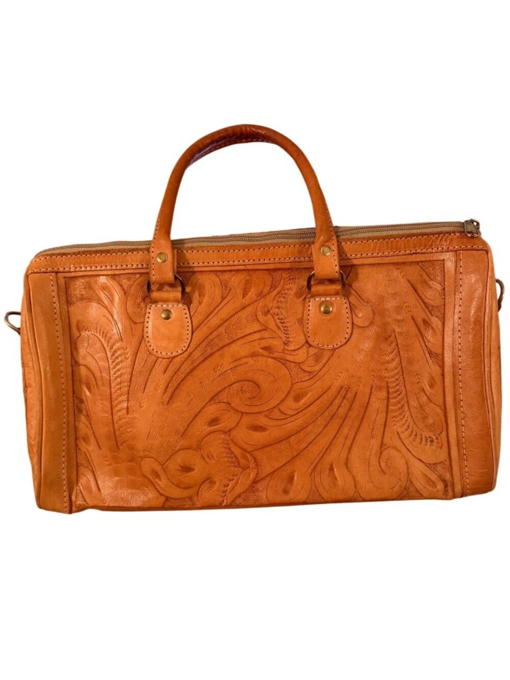Vintage Womens Rectangular Hand-tooled Leather Handbag Top Handles Tan Western